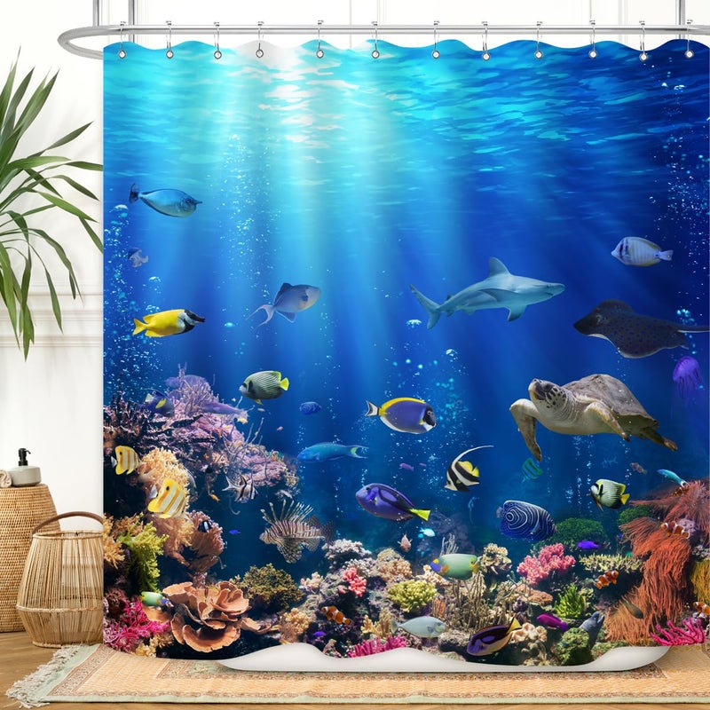 ZXMBF Ocean Underwater World Shower Curtain Colorful Tropical Fishes Turtle Coral in The Deep Sea Home DÃ©cor Waterproof Fabric 72Lx72W Inch Blue Plastic Hooks 12PCS - Image 1